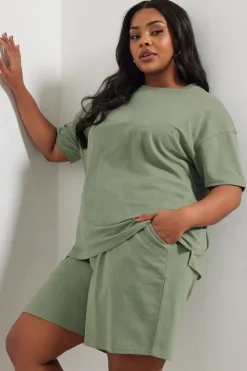 Yours Curve Khaki Green Sweat Jersey T-Shirt & Shorts Set