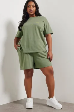 Yours Curve Khaki Green Sweat Jersey T-Shirt & Shorts Set