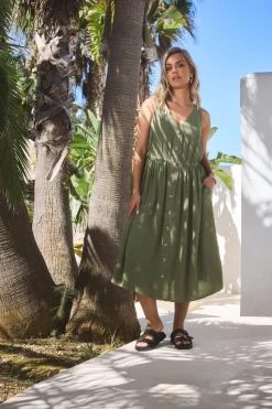 Yours Curve Khaki Green Sleeveless Button Through Chambray Dress