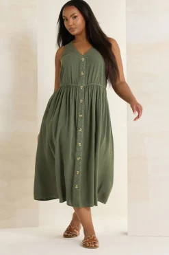 Yours Curve Khaki Green Sleeveless Button Through Chambray Dress