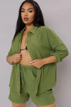 Yours Curve Khaki Green Textured Long Sleeve Shirt