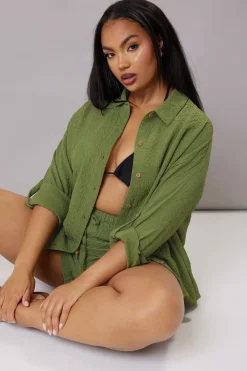 Yours Curve Khaki Green Textured Long Sleeve Shirt