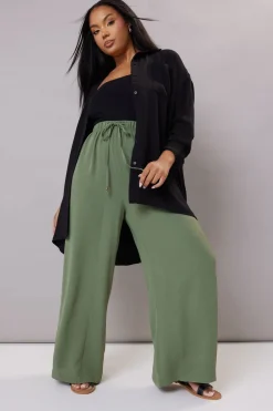 Yours Curve Khaki Green Twill Wide Leg Trousers