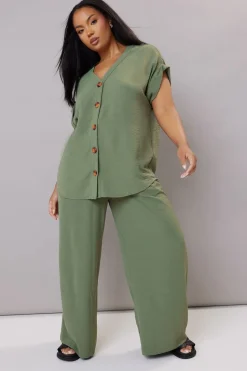 Yours Curve Khaki Green Twill Wide Leg Trousers
