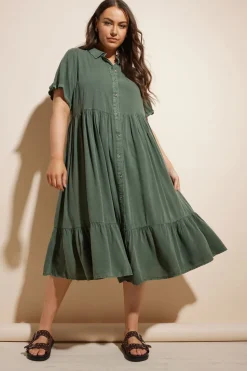 Yours Curve Khaki Green Tiered Maxi Chambray Shirt Dress