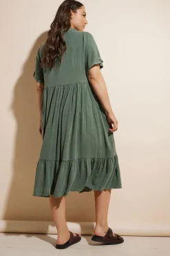 Yours Curve Khaki Green Tiered Maxi Chambray Shirt Dress