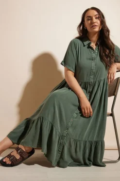 Yours Curve Khaki Green Tiered Maxi Chambray Shirt Dress