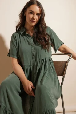 Yours Curve Khaki Green Tiered Maxi Chambray Shirt Dress