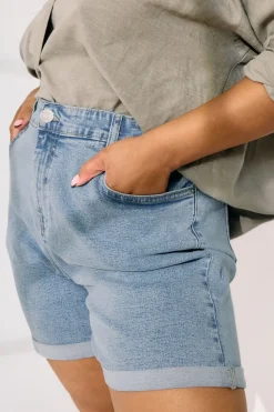 Yours Curve Light Blue Turn Up Stretch Denim Mom Shorts