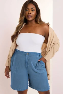 Yours Curve Mid Blue Chambray Pull On Shorts