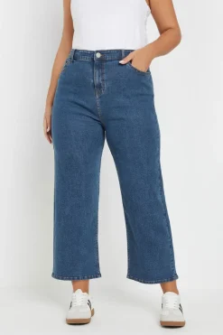 Yours Curve Mid Blue Wide Leg Cropped Denim Jeans