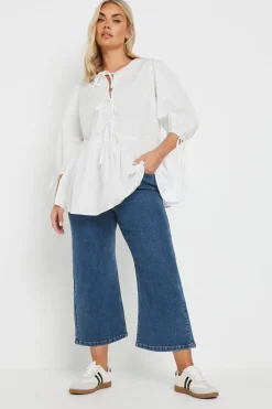Yours Curve Mid Blue Wide Leg Cropped Denim Jeans
