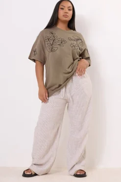 Yours Curve Mocha Brown Floral Embroidered Oversized T-Shirt