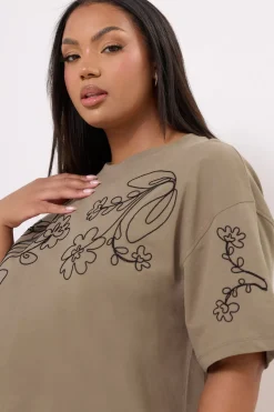 Yours Curve Mocha Brown Floral Embroidered Oversized T-Shirt