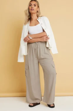Yours Curve Natural Brown Linen Cargo Trousers