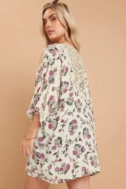 Yours Curve Natural Brown Floral Crochet Detail Kimono