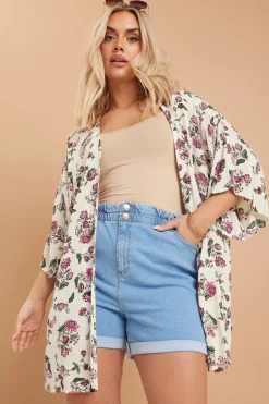 Yours Curve Natural Brown Floral Crochet Detail Kimono