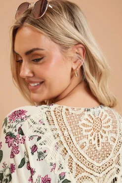 Yours Curve Natural Brown Floral Crochet Detail Kimono