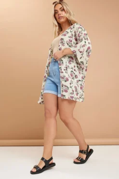 Yours Curve Natural Brown Floral Crochet Detail Kimono