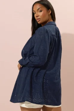 Yours Curve Navy Blue Broderie Anglaise Long Sleeve Shirt
