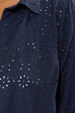 Yours Curve Navy Blue Broderie Anglaise Long Sleeve Shirt