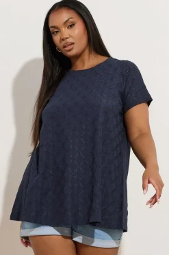Yours Curve Navy Blue Broderie Anglaise Textured Swing Top