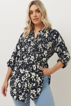 Yours Curve Navy Blue Floral Pintuck Blouse
