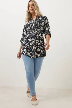 Yours Curve Navy Blue Floral Pintuck Blouse