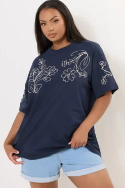 Yours Curve Navy Blue Floral Embroidered Oversized T-Shirt