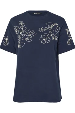 Yours Curve Navy Blue Floral Embroidered Oversized T-Shirt
