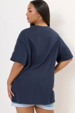 Yours Curve Navy Blue Floral Embroidered Oversized T-Shirt