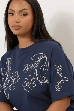 Yours Curve Navy Blue Floral Embroidered Oversized T-Shirt