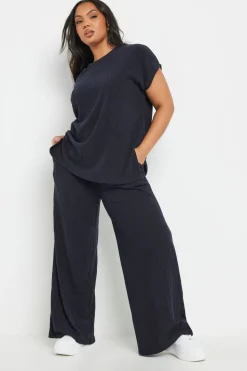 Yours Curve Navy Blue Knitted Wide Leg Trousers