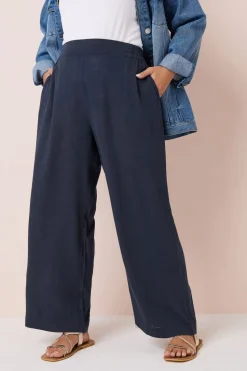 Yours Curve Navy Blue Linen Wide Leg Trousers