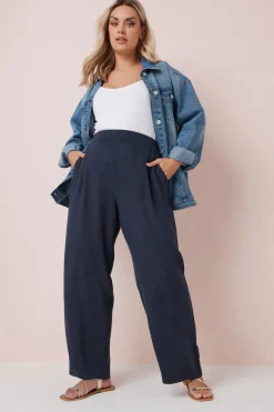 Yours Curve Navy Blue Linen Wide Leg Trousers