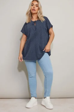 Yours Curve Navy Blue Linen Marl Tie Front Top