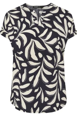 Yours Curve Navy Blue Textured Leaf Print Notch Neck Top