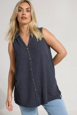 Yours Curve Navy Blue Textured Sleeveless Shirt