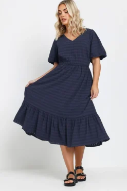 Yours Curve Navy Blue Textured Check Midi Dress