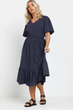 Yours Curve Navy Blue Textured Check Midi Dress