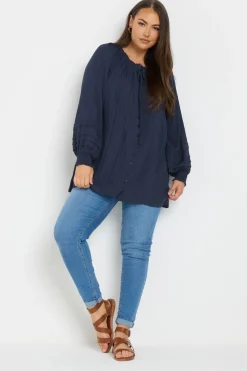Yours Curve Navy Blue Tie Neck Pintuck Top