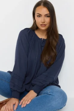 Yours Curve Navy Blue Tie Neck Pintuck Top