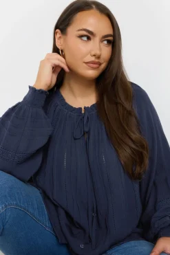 Yours Curve Navy Blue Tie Neck Pintuck Top
