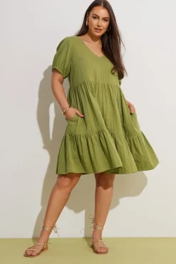 Yours Curve Olive Green Tiered Smock Mini Dress