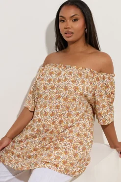 Yours Curve Orange Textured Leaf Print Bardot Top