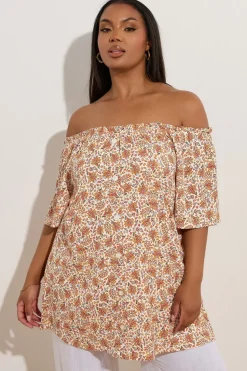 Yours Curve Orange Textured Leaf Print Bardot Top