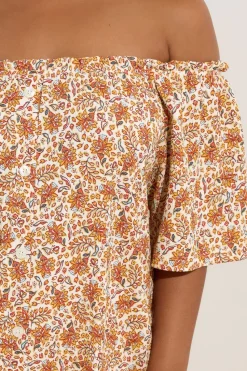 Yours Curve Orange Textured Leaf Print Bardot Top