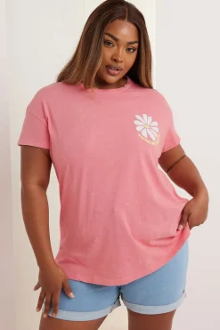 Yours Curve Pink Acid Wash 'Focus On The Good' Daisy Back Print T-Shirt