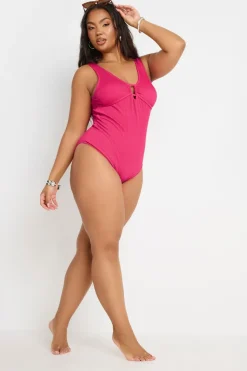 Yours Curve Pink Buckle Textured Swimsuit