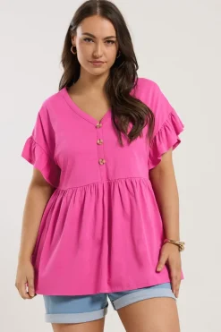 Yours Curve Pink Button Frill Sleeve Peplum Top